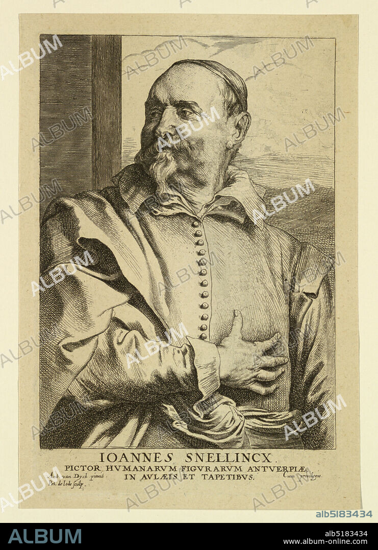 Portrait of Jan Snellinx, from the Icones Principum Virorum, Anthony van Dyck, Netherlandish, 1599 1641, Pieter de Jode (I), Flemish, 1570 - 1634, Etching on heavy paper, Portrait of a man, facing frontally, his head turned sharply to the left. His right hand is raised to his breast. He wears a small cap., Netherlands, ca. 1636, Print, Print.
