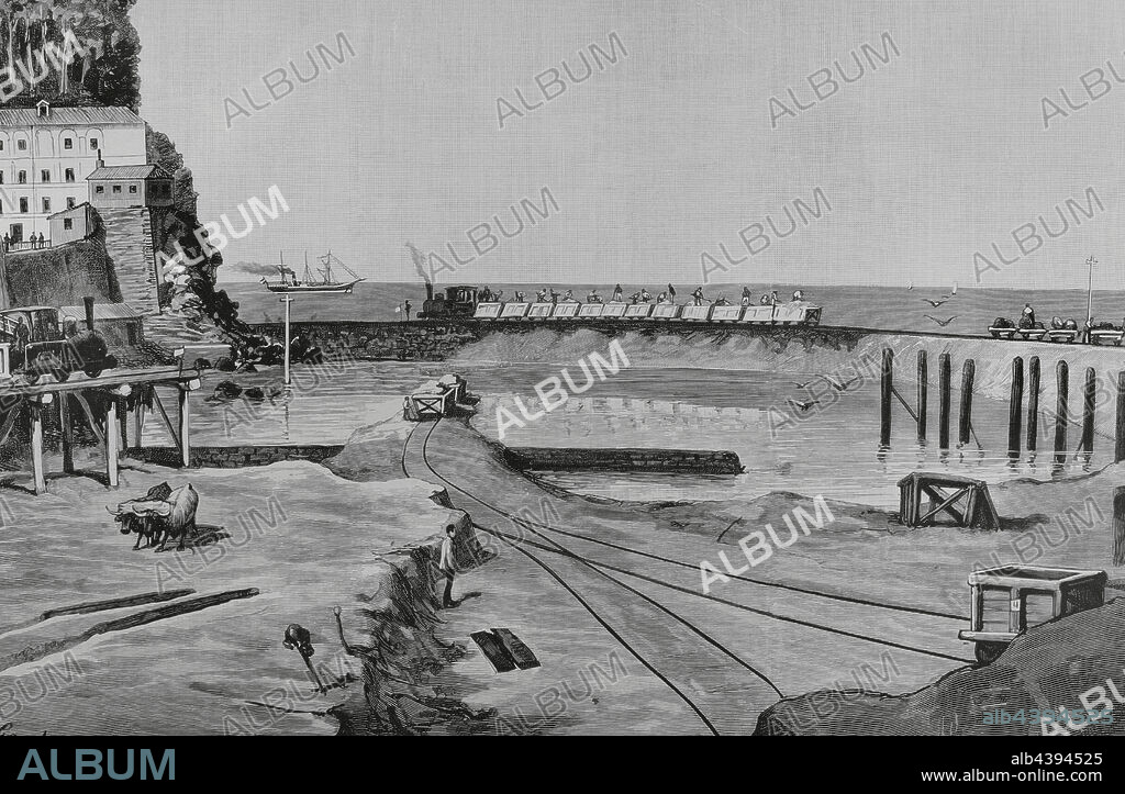 EUGENIO VELA (D. 1895). SPANISH ENGRAVER. JUAN COMBA GARCÍA (1852-1924). SPANISH ILLUSTRATOR.. Historia de España. País Vasco. Provincia de Guipúzcoa. San Sebastián (Donostia). El Ensanche Oriental de la ciudad. Perspectiva de los trabajos desde el puente de Santa Catalina. Dibujo del natural por Juan Comba. Grabado por Vela. La Ilustración Española y Americana, 1884.