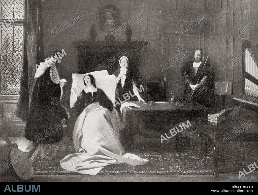 The death of Catherine of Aragon, 1536.  Catherine of Aragon, also spelled Katherine, 1485 - 1536.  Queen of England from June 1509 until May 1533 as the first wife of King Henry VIII.  From Hutchinson's History of the Nations, published 1915.