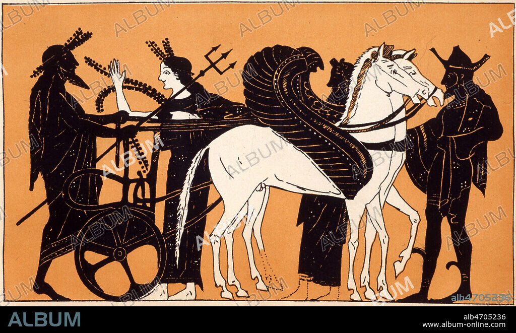 POSEIDON et son char. Gravure tiree de 'Mythologie de la Grece antique' par DECHARME, en 1883. Credit : Collection KHARBINE-TAPABOR.