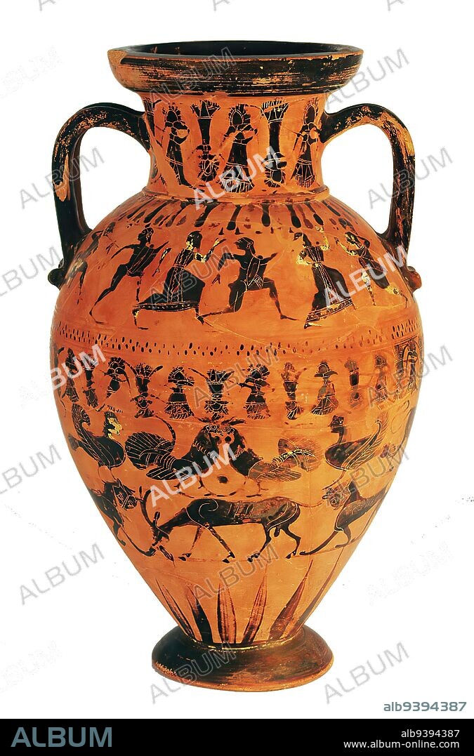 Castellani painter, Tyrrhenian amphora (killing the niobids, Heracles and Nessos), clay, quickly turned, painted (pottery), alternately fired, clay, total: height: 41.6 cm; diameter: 24.7 cm; muzzle diameter: 14.2 cm, inscription: shoulder side A: Shoulder: A, Pottery, Hercules and Deianira, the daughter of Oeneus, Hercules shoots the centaur Nessus, who wants to kidnap Deianira, Niobe, sirens, panther, deer, goat, poultry (rooster, hen, chicken etc.) On the Attic black-figured neck amphora of the Castellani painter, composed of numerous fragments, the killing of the niobids by the gods Apollo and Artemis is depicted on the shoulder of side A. It is the oldest representation of the killing of the niobids in Greek art. The vessel is a so-called Tyrrhenian amphora, a special form of cervical amphora with an ovoid body and cylindrical neck, produced between 570 and 550 BC. It owes its name to over 200 vases found in Etruria (the Greeks called the Etruscans Tyrrhenoi). While the neck of the vase is decorated with a double lotus-palmette ribbon, the body has two circumferential animal friezes in the lower half with rams, deer, panthers, goats, cocks and sirens above a halo of rays. A third frieze again consists of a lotus-palmette band, above which is a double dotted band bordered by three lines each. Between the handles on the upper part of the body, on the shoulder, there is a picture field on each side, above which is a continuous, alternating red-and-black tongue band. Side A shows a scene consisting of six figures: two boys and two girls in turn hurry from left to right and turn their heads backwards to their pursuer, an archer. He is dressed in a short belted chiton, a nebris (animal skin) and boots. He has the arrow ready to fire. The boys, with a long braid, wear their coats over their left arm and raise their left leg and left arm at the same time in the typical archaic way of running. The girls are dressed in long robes. The skin areas were originally accentuat.