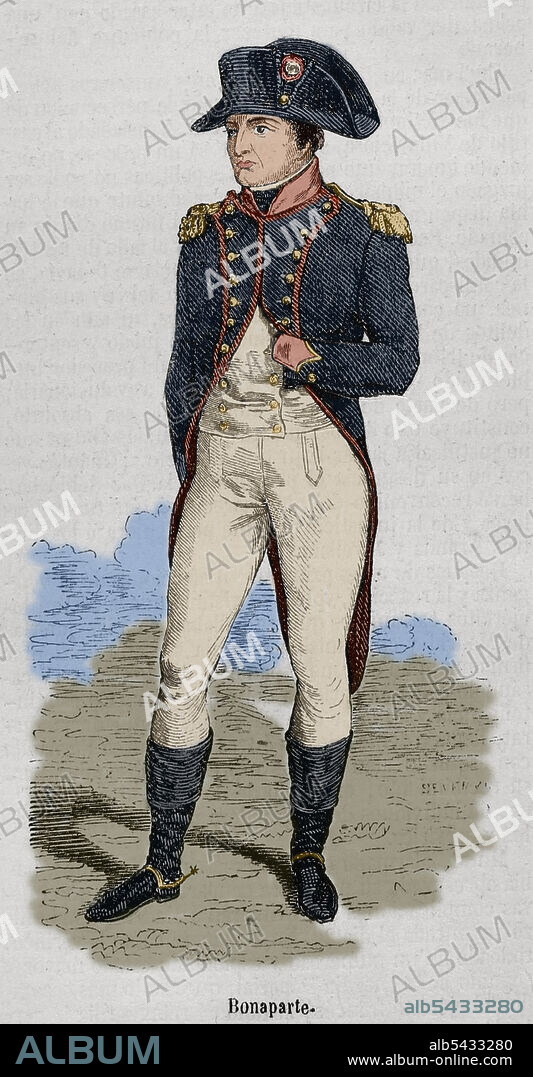 Napoleón I Bonaparte (1769-1821). Cónsul Vitalicio (1802) y Emperador de los franceses (1804-1815). Retrato. Grabado por Severini. Coloreado. Historia General de España por el Padre Mariana. Madrid, 1853.