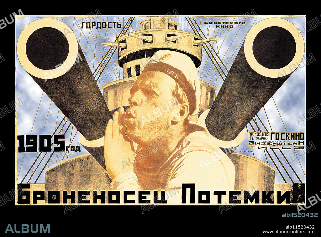 Soviet poster for the film "Battleship Potemkin" by Sergei Eisenstein in 1925.  The film of the famed Odessa revolt has been one of the landmarks of cinema since its release. Commissioned by the government to commemorate the failed uprising of 1905, it's without stars or even actors in the usual sense, exemplifying the collectivism it celebrates. The Battleship Potemkin has just returned from the war with Japan, its crew near mutiny because of brutal treatment and bad rations. When they're served maggot-infested meat one morning, the sailors finally rebel. One of the sailors, Vakulinchuk (Aleksandr Antonov), dissuades the officers from firing upon the mutineers, and they join the rest of the crew in revolt. Hearing of the mutiny, the people of Odessa send supplies to express their solidarity with the crew and gather en masse to mourn a slain sailor. The czar's troops arrive to dispel the crowd. In perhaps the most famous sequence in film history, the director rhymically intercuts shots of the troops marching machinelike down the Odessa steps with shots of innocent citizens being killed and wounded, in a brilliant embodiment of the director's theories of montage. The film's vision of tyranny and rebellion remain as powerful today as it was in 1925.   Art by cubist master Anton Lavinsky (Russian, 1893–1968).