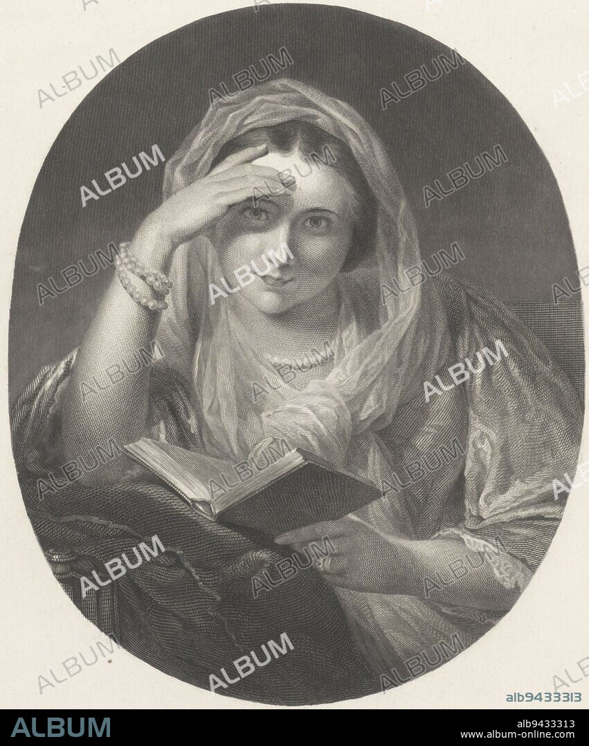 A woman holds an open book in her hand and looks ahead. She imagines the fantasy, Fantasizing woman Fantaisie, print maker: Willem Steelink (I), (mentioned on object), after: Jan Adam Kruseman, (mentioned on object), printer: J.F. Brugman, (mentioned on object), Amsterdam, 1836 - 1913, paper, etching, engraving, h 419 mm × w 342 mm.
