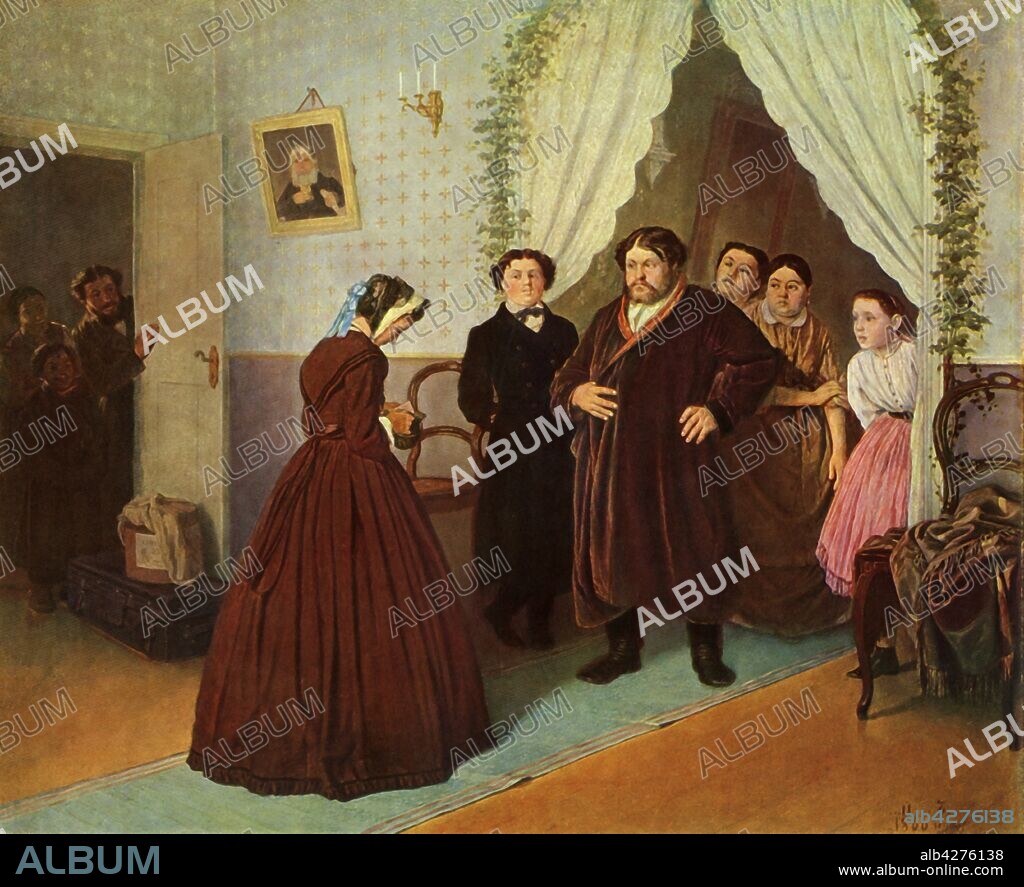 VASILY PEROV. 'The Governess arrives at the Merchant's House', 1866, (1965). A young woman, her head bowed, stands before her new employer, a portly businessman in a velvet robe. Painting in the State Tretyakov Gallery, Moscow. From "Russian Painting of the 18th and 19th Centuries" by Vladimir Fiala. [Artia, Czechoslovakia, 1965].