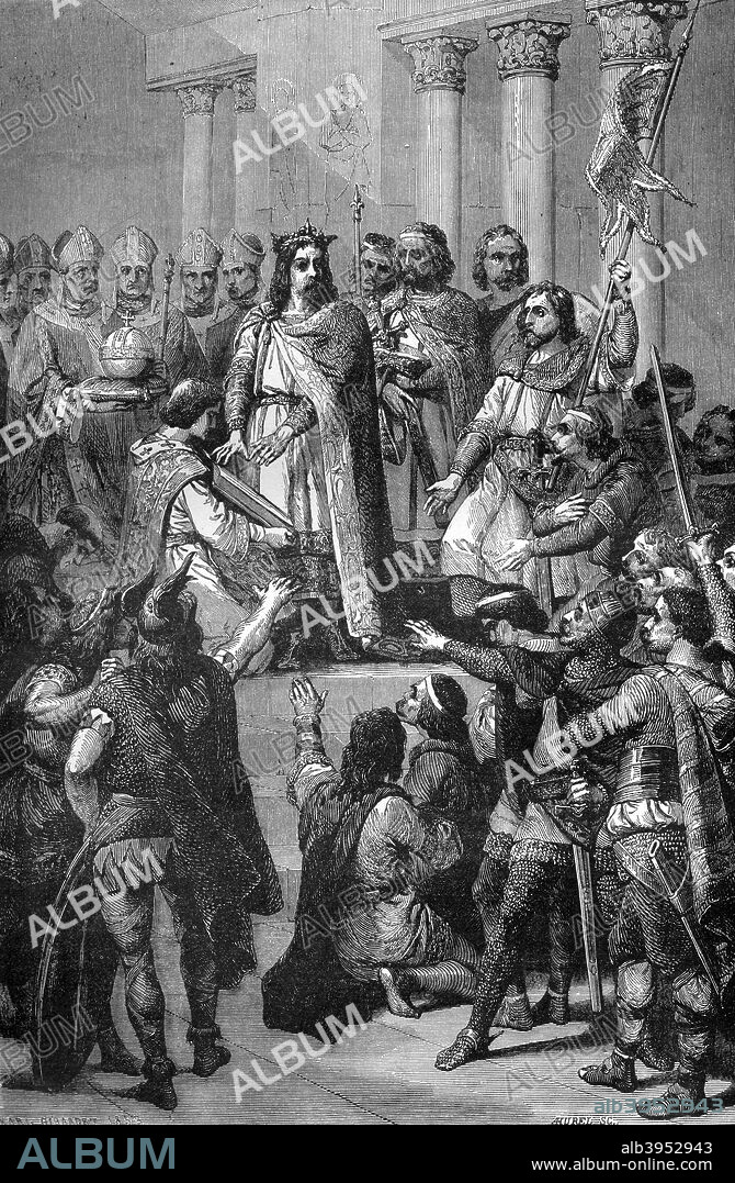 Coronation of Hugh Capet as King of France, Noyon, 1st July 987 (1882-1884). Hugh Capet (c938-996) was elected King of France in 987, founding the Capetian dynasty. A print from La France et les Français à Travers les Siècles, Volume I, F Roy editor, Saint-Antoine, 1882-1884.