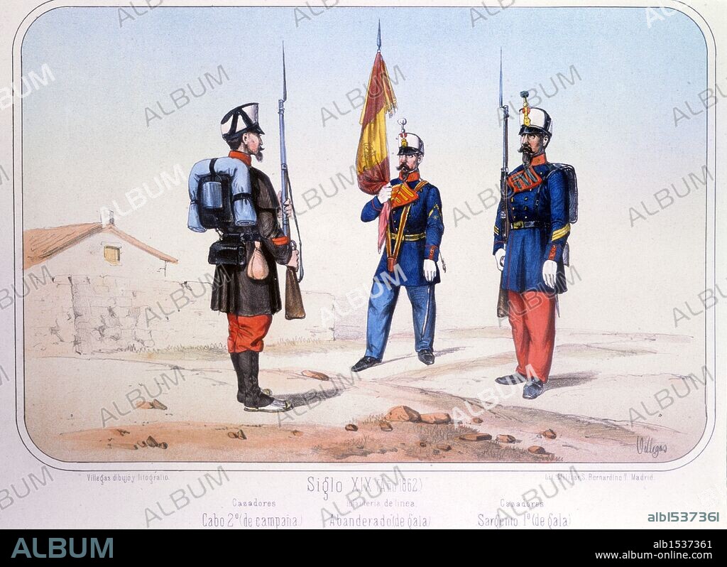 Reinado de Isabel II (1833 a 1868). Cabo, Abanderado y Sargento de Cazadores en el año 1862. Dibujo de Villegas. Lámina número 82 del ALBUM DE LA INFANTERIA ESPAÑOLA del Teniente General Conde de Clonard. Litografía Militar, Madrid, año 1861.