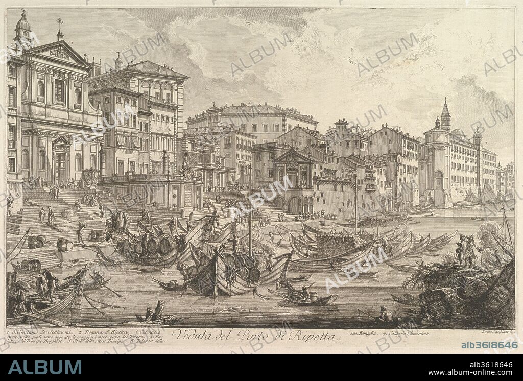 The smaller harbor, called the Porto di Ripetta (Veduta del Porto di Ripetta). Artist: Giovanni Battista Piranesi (Italian, Mogliano Veneto 1720-1778 Rome). Series/Portfolio: Vedute di Roma (Views of Rome). Date: ca. 1753.