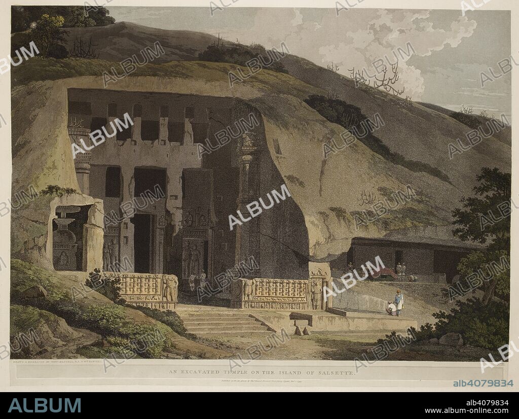 WILLIAM DANIELL and THOMAS DANIELL. An excavated temple on the island of Salsette. Kanheri Caves, a group of rock-cut monuments; figures in front; rocks on either side  . Antiquities of India. Twelve Views from the Drawings of Thos. Daniell, 1799: with Descriptions. [London] : Published as the Act directs by Thos Daniell, Howland Street, Fitzroy Square, Decr 1 1799. Source: 10.TAB.30.(3), plate III. Language: English.