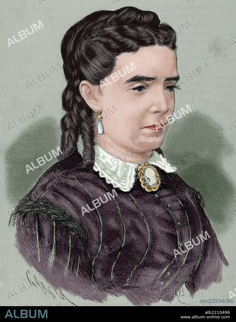La Marquesa de los Castillejo. (Marquesado de Castillejos). Título nobiliario español, creado en 1847, por la reina Isabel II, para su hermana María De los Milagros Muñoz y Borbón (1835-1903). Grabado por Paris. "La Ilustración Española y Americana", año 1870. Coloreado.