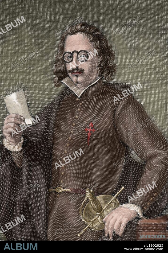 QUEVEDO Y VILLEGAS, Francisco de (Madrid, 1580-Villanueva de los Infantes, Ciudad Real, 1645). Escritor español del Siglo de Oro y principal representante del conceptismo. De gran actividad política, colaboró con el duque de Osuna y llegó a secretario de Felipe IV. Autor prolífico, cultivó diversos temas: picaresca, política, moral ascética, hagiografía. Utilizó la prosa y el verso. Grabado coloreado.