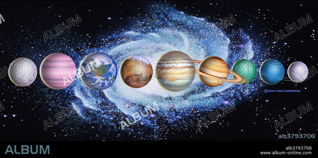 Illustration of the planets in our galaxy. Seen here, from left to right: Mercury, Venus, Earth, Mars, Jupiter, Saturn, Uranus, Neptune and Pluto.
