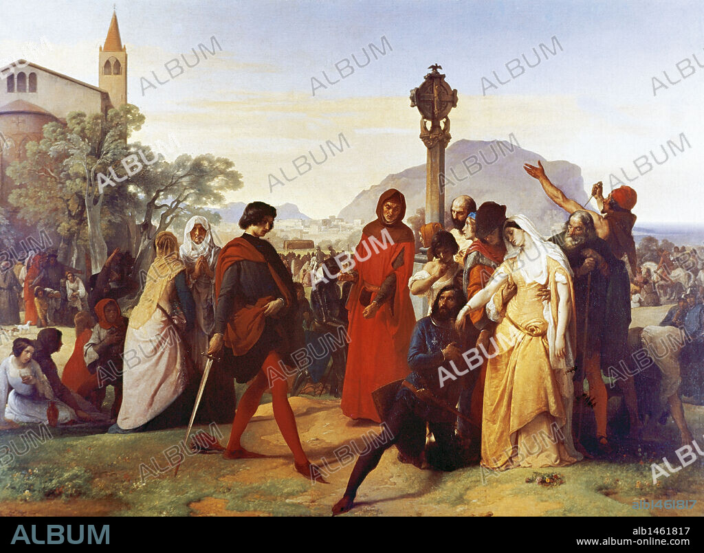 Sicilian Vespers . Rebellion  on the island of Sicily in 1282 against the rule of the French king Charles I of Anjou in March 1282 who had taken control of the entire Kingdom of Sicily. Oil by Francesco Hayez (1791-1882). Gallery of Modern Art. Rome.