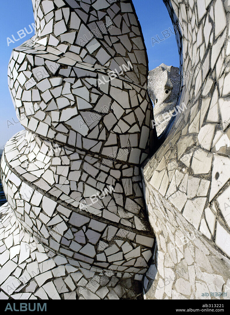 ANTONI GAUDÍ. Helical shapes covered with mosaics. Rooftop of La Pedrera. La Pedrera, 1906-10. (Casa Milà). Barcelona, Spain.