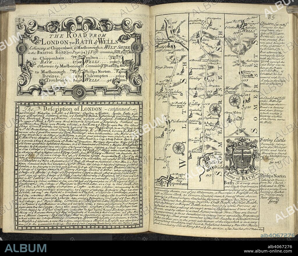 JOHN OGILBY. 'The road from London to Bath & Wells'. Notes and a map. Britannia depicta or Ogilby improv'd; being a correct coppy of Mr. Ogilby's Actual survey of all ye direct & principal cross roads in England and Wales: ... London : printed for & sold by Tho: Bowles & Em Bowen, 1720. Source: RB.23.a.22274 pages 84-85.