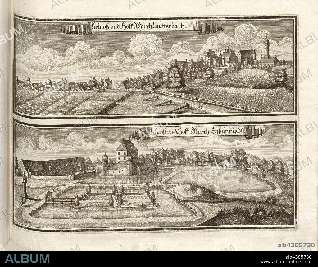 Castle and Hoff-March Lautterbach and castle and Hoff-March Eysolczriedt, Lauterbach Castle and Hofmark in Bergkirchen-Lauterbach and Schloss Eisolzried Castle in Bergkirchen-Eisolzried in Bavaria (Germany), Fig. 83, after p. 46, Wening, Michael (del. et sc.), 1701, Michael Wening: Historico-topographica descriptio. Das ist: Beschreibung, dess Churfürsten- und Hertzogthumbs Ober- und Nidern Bayrn, welches in vier Theil oder Rennt-Aembter, als Oberlands München und Burgkhausen, Underlands aber in Landshuet unnd Straubing abgetheilt ist [...]. Thail 1. München: bey Johann Lucas Straub, gem: lobl. Landtschafft Buchtruckern, anno M.DCCI. [1701].