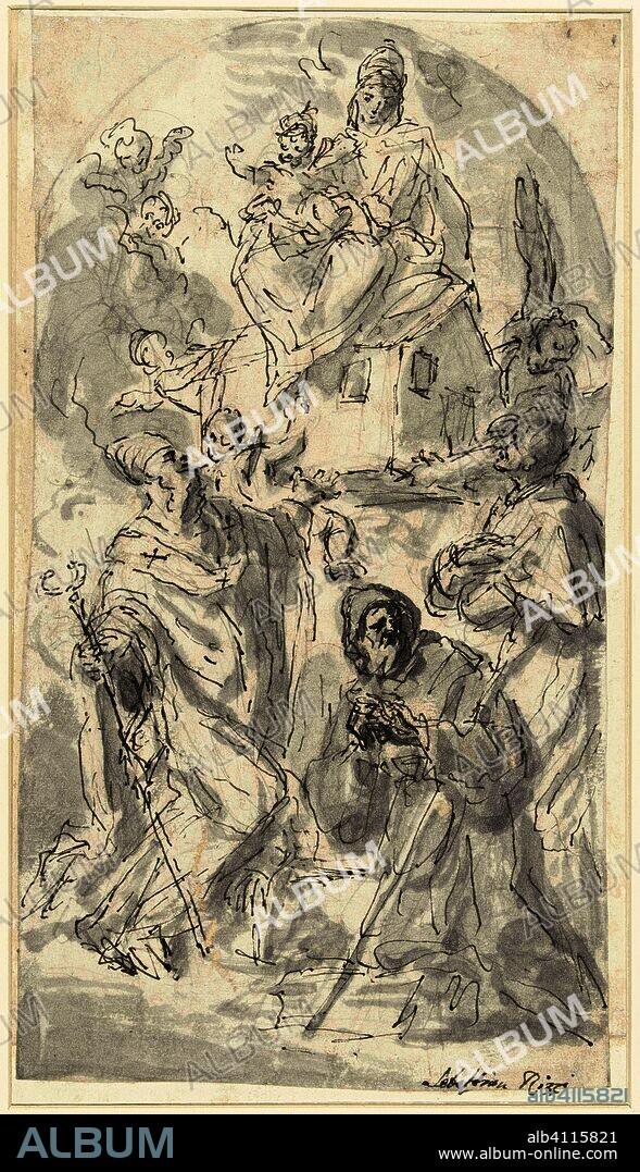 The Madonna of the Santa Casa of Loreto, worshiped by three saints. Draughtsman: Girolamo Brusaferro. Draughtsman: Sebastiano Ricci (rejected attribution). Dating: 1710 - 1760. Measurements: h 309 mm × w 171 mm.
