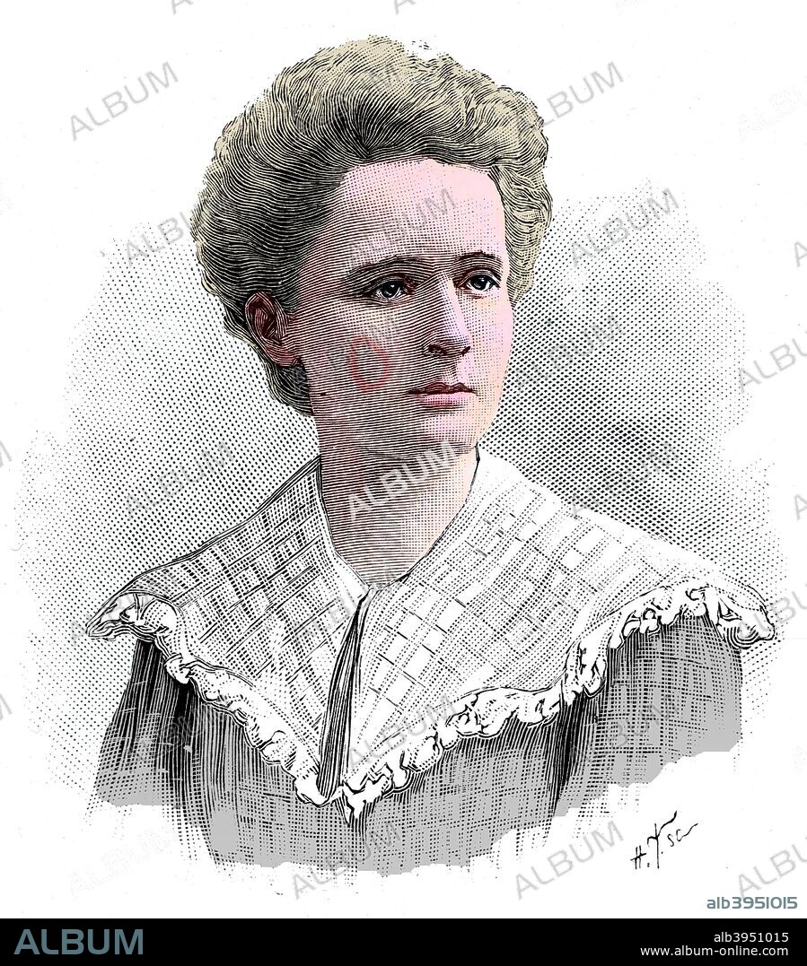Marie Sklodowska Curie, Polish-born French physicist, 1904. Marie Curie (1867-1934) was awarded the Nobel Prize for Physics in 1904, together with her husband Pierre and Henri Becquerel, and the Nobel Prize for Chemistry in 1911. From La Nature. (Paris, 1904). (Colorised black and white print).
