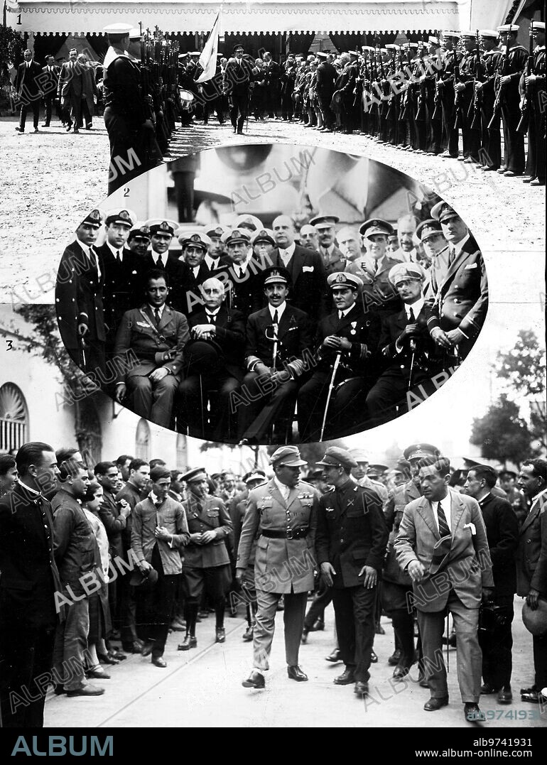 Abril 1926. Sevilla. Otras Notas de las Solemnidades de estos Dias.
1. S. M. el Rey (X) Revistando la Compañia Del "Buenos Aires" en la avenida de Molini
2. D. Alfonso Xiii  (A), A bordo del Crucero, argentino con el Embajador (B), el comandante del Buque (C), el comandante Franco (D), el Capitan Ruiz de Alda (E) y la Oficialidad.
3. El Mecanico Pablo Rada (X) Rodeado de Obreros de la Piroctenia militar Despues de recibir un pergamino Conmemorativo.