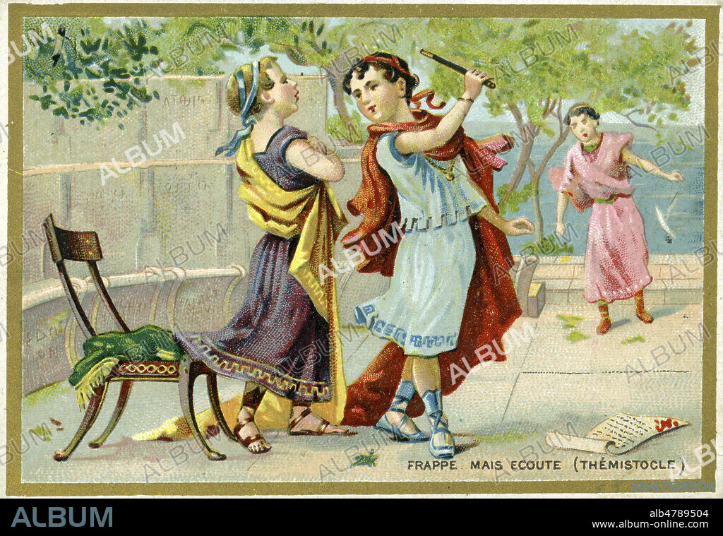 'Frappe mais ecoute', citation de THEMISTOCLE alors en conflit avec Eurybiade pour la defense de la Grece contre la flotte de Xerxes. Chromo vers 1890. Illustration anonyme. Credit : Collection IM/KHARBINE-TAPABOR.