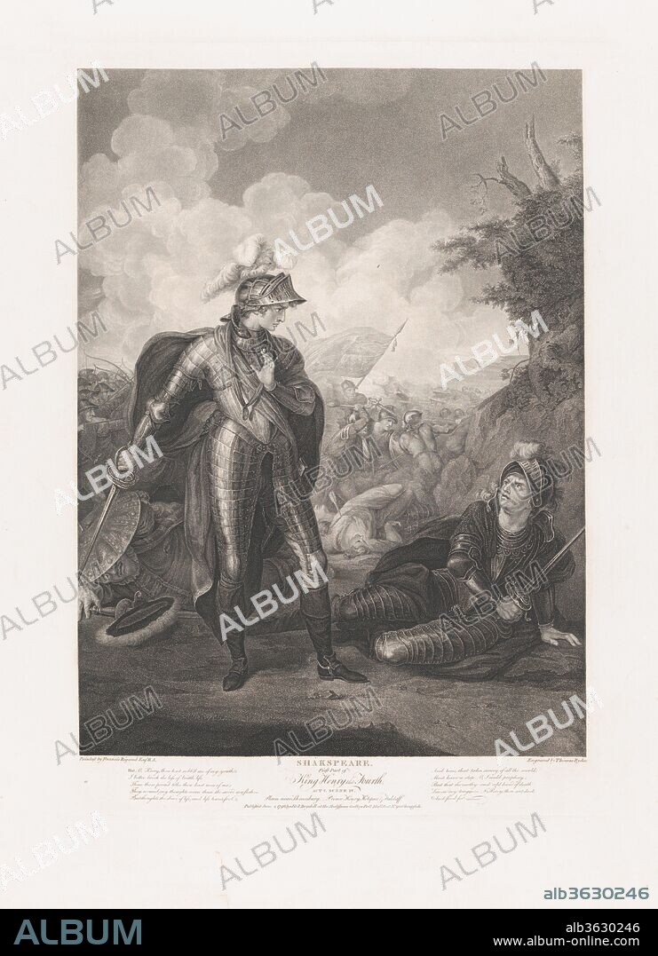 Prince Henry, Hotspur and Falstaff (Shakespeare, King Henry IV, Part 1, Act 5, Scene 4). Artist: After John Francis Rigaud (British (born Italy), Turin 1742-1810 Packington). Dimensions: Plate: 22 7/16 × 16 5/8 in. (57 × 42.3 cm)
Sheet: 27 5/8 × 21 7/8 in. (70.2 × 55.5 cm). Engraver: Thomas Ryder I (British, 1746-1810). Publisher: John & Josiah Boydell (British, 1786-1804). Series/Portfolio: Boydell's Shakespeare Gallery. Subject: William Shakespeare (British, Stratford-upon-Avon 1564-1616 Stratford-upon-Avon). Date: 1796.