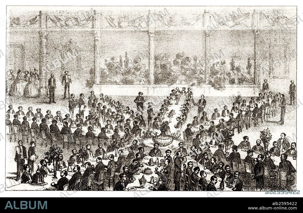 España. Guerra de África. Barcelona. Banquete dado por el ayuntamiento a los voluntarios catalanes en el salón de los Campos Eliseos. Grabado de 1860.