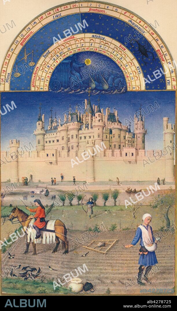 JEAN COLOMBE y PAUL LIMBOURG. October - the Louvre, 15th century, (1939). 'Octobre - Le Louvre'. Peasants sowing seed in a ploughed field: the man on the right is broadcasting by hand, as magpies eat the fallen grain. The man on the left uses a weighted harrow to cover the seed. Behind is a scarecrow holding a bow, with the River Seine and the Louvre Palace in Paris beyond. Originally a fortress built in the medieval period, the Louvre became a royal palace in the fourteenth century. A page from the "Très Riches Heures du Duc de Berry", a book of hours produced for Jean, Duc de Berry and commissioned from the Limbourg brothers. Made between c1412 and 1489, and regarded as one of the finest examples of European manuscript illumination, it is held at the Musee Condé, Chantilly, France. Published in "Verve - No. 7, Vol. II". [Verve, France, 1939].