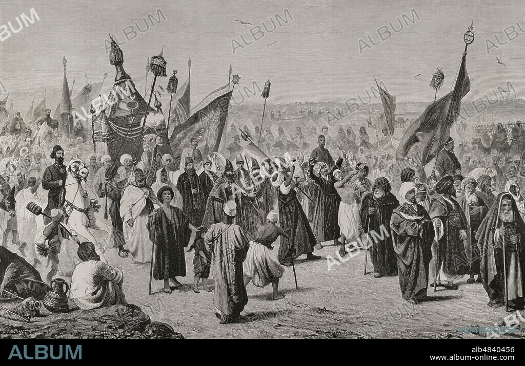 Siglo XIX. Egipto. El Cairo. Regreso de una caravana de mahometanos tras su peregrinación a La Meca. Grabado. La Ilustración Española y Americana, 1878.
