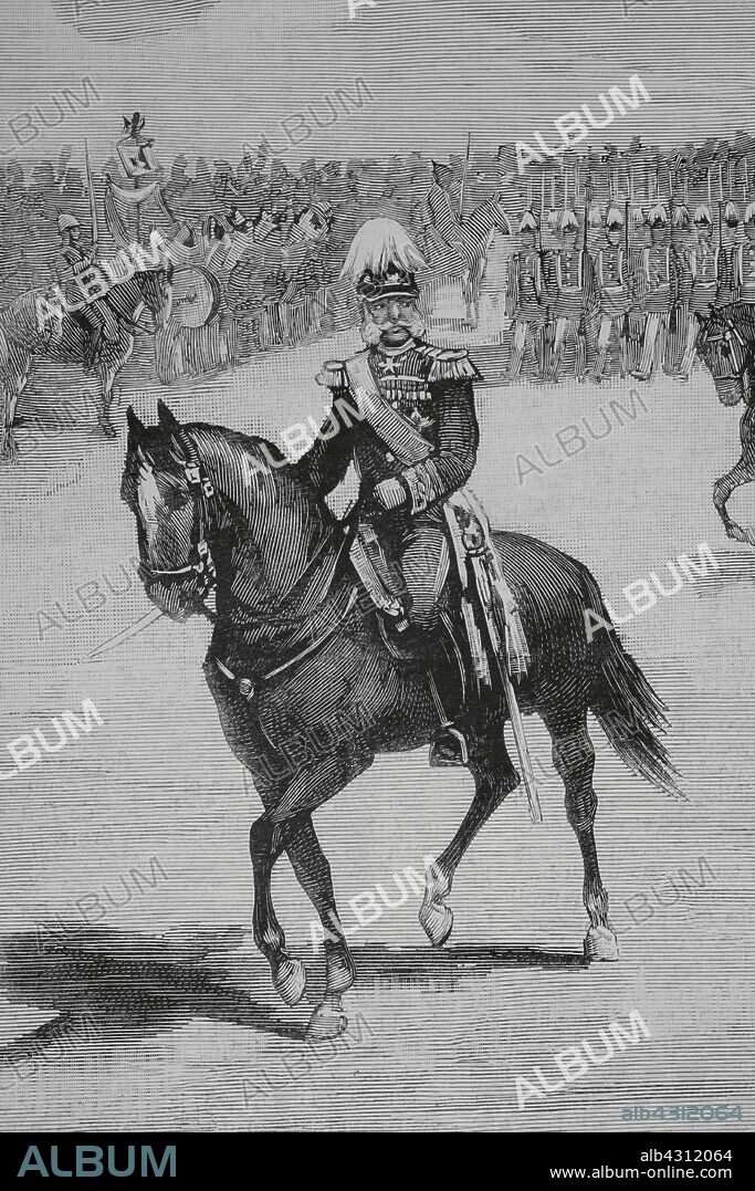 El Kaiser de Alemania. Guillermo I de Alemania (1797-1888). La gran revista militar en Nieder-Eschbach (Homburgo, Alemania). Desfie de las tropas del 11º cuerpo del ejército alemán, al mando de S. M. I. Guillemo I, en presencia del rey de España, Alfonso XII, y de los príncipes extranjeros, en la mañana del 21 de septiembre de 1883. Dibujo del natural por Juan Comba. Grabado por Rico. La Ilustración Española y Americana, 22 de octubre de 1883.