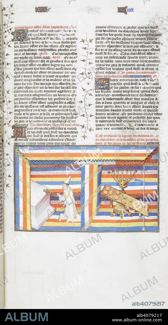 GUYART DES MOULINS and THOMAS DU VAL. Miniature of Aaron in the Tabernacle, left, standing before the altar in robes with a censer in his hand, with the veil of the tabernacle, centre, and the tabernacle furniture, including a table and lamp stand with seven branches, right. Bible Historiale, vol. 1. France (Paris); circa 1411. Source: Royal 19 D. III, f.58. Language: French.