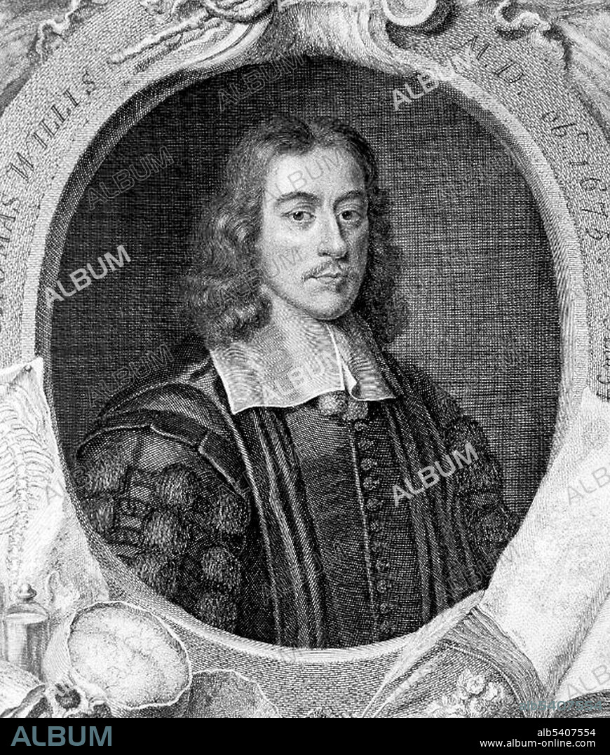 Thomas Willis (1621-1675) was an English doctor and founding member of the Royal Society. In his pioneering work on neurology, a term he coined, he discovered the Circle of Willis, a circle of arteries at the base of the brain. He also coined the term mellitus in diabetes mellitus. Line engraving by George Vertue, 1742, after David Loggan.