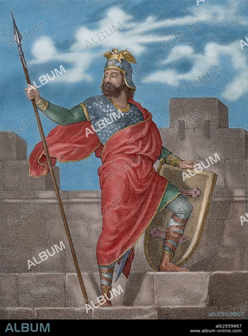 ALFONSO II DE ARAGON y I DE CATALUÑA, "El Casto" (1154-1196). Rey de la Corona de Aragón (1162-1196). Hijo de Ramon Berenguer IV, conde de Barcelona, y Petronila, reina de Aragón. Grabado de "Historia de España Ilustrada", del siglo XIX. Coloreado.