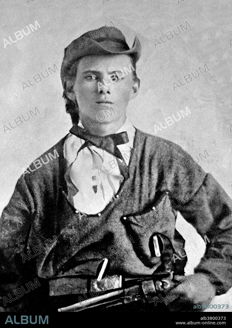 James holding handgun in left hand at his waist, dated 1864. Jesse Woodson James (September 5, 1847 - April 3, 1882) was an American outlaw, gang leader, bank robber, train robber, and murderer from the state of Missouri and the most famous member of the James-Younger Gang. Already a celebrity when he was alive, he became a legendary figure of the Wild West after his death. Jesse and his brother Frank James were Confederate guerrillas, or Bushwhackers, during the Civil War. They were accused of participating in atrocities committed against Union soldiers, including the Centralia Massacre. After the war, as members of various gangs of outlaws, they robbed banks, stagecoaches, and trains. The James brothers were most active with their gang from about 1866 until 1876, when their attempted robbery of a bank in Northfield, Minnesota resulted in the capture or deaths of several gang members. They continued in crime for several years, recruiting new members, but were under increasing pressure from law enforcement. On April 3, 1882, Jesse James was killed by a member of his own gang, Robert Ford, who hoped to collect a reward on James' head. No photographer credited.