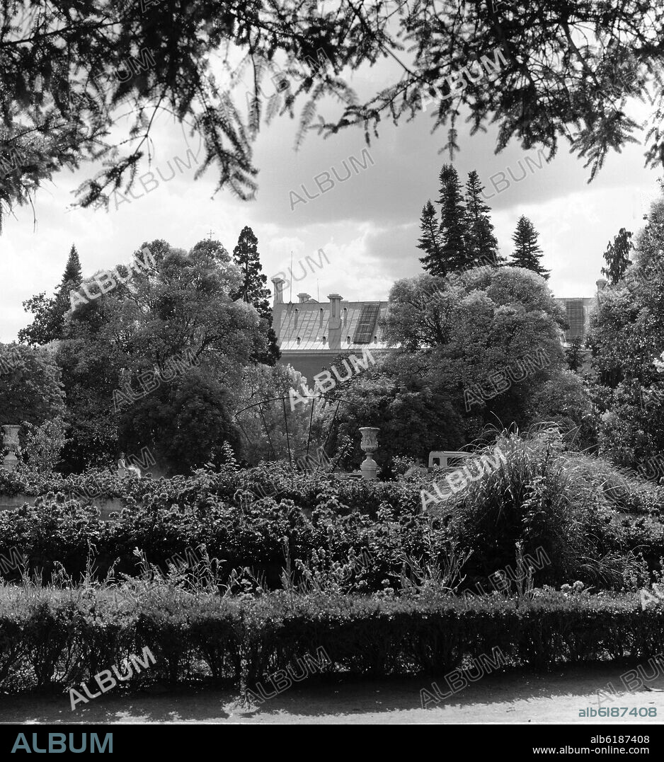 JARDIN DEL PARTERRE CON FACHADA MERIDIONAL DEL PALACIO AL FONDO - FOTOGRAFIA EN BLANCO Y NEGRO - AÑOS 60.