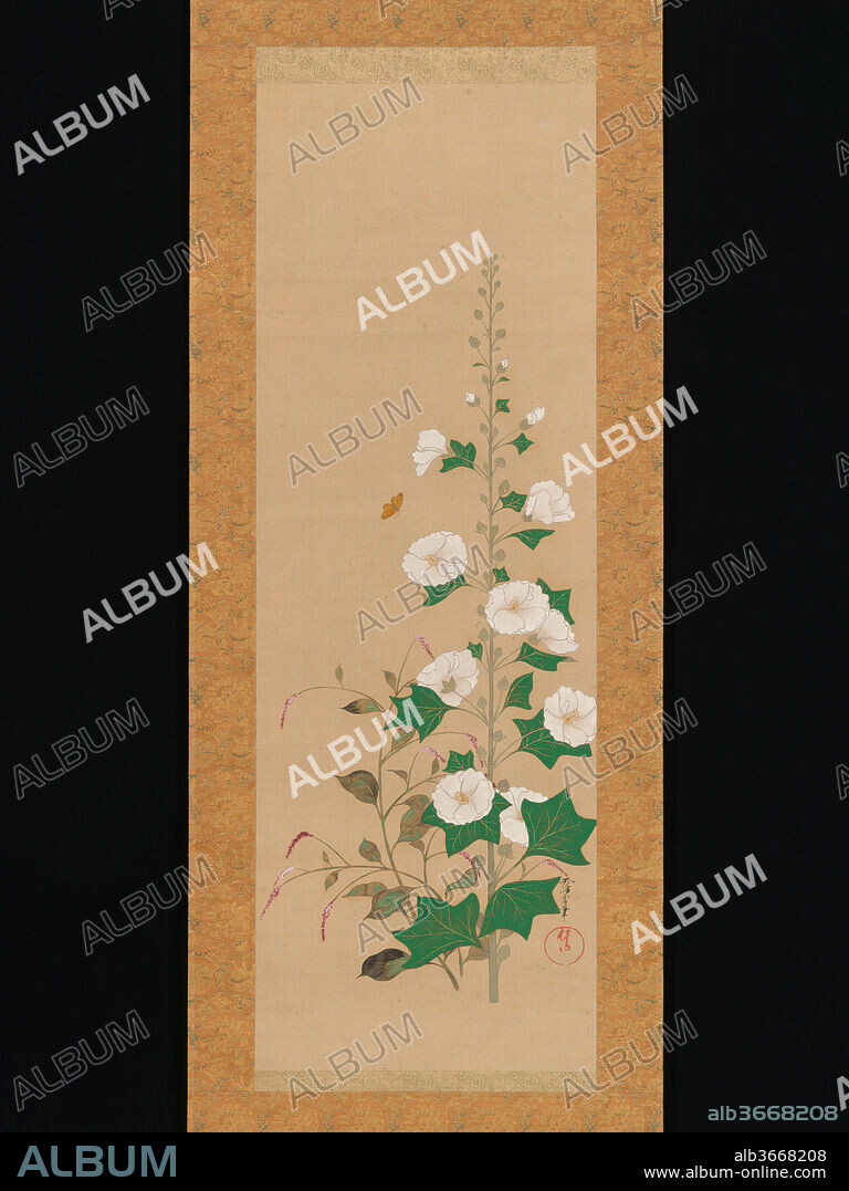 Hollyhocks and Prince's-Feather Flowers. Artist: Sakai Oho (Japanese, 1808-1841). Culture: Japan. Dimensions: Image: 40 1/2 in. × 14 in. (102.9 × 35.6 cm)
Overall with mounting: 76 1/8 × 19 7/16 in. (193.3 × 49.3 cm)
Overall with knobs: 76 1/8 × 21 5/16 in. (193.3 × 54.1 cm). Date: early 19th century.
Many paintings by Sakai Oho, including this one, are based on or directly inspired by the work of Sakai Hoitsu, his adoptive father and teacher. Hoitsu no doubt had great aspirations for Oho, but he died in his early thirties and left a comparatively small body of work. Hollyhocks (tachiaoi)--with their stately appearance, tall stems, and symmetrical arrays of leaves and blossoms--were a common subject of Rinpa artists from the seventeenth century onward, but prince's-feather flowers (katade) rarely received such attention. The addition of a little butterfly, flat and decorative in its effect, is a reminder that the artist was capturing a poetic moment, a haiku-like snapshot of an imaginary garden. 
This work was probably created as the right-hand scroll flanking the god of good fortune, Jurojin, in a triptych.