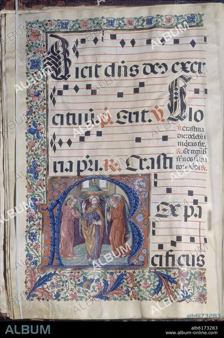 LIBRO DE CORO-S XV-PAGINA CON LETRA CAPITULAR B MINIADA(JESUS Y ANGELES).