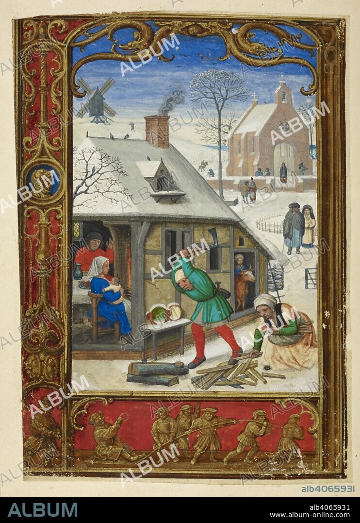 WORKSHOP OF SIMON BENING. Calendar scene for January: man chopping logs. (Below) sledging. The Golf Book. S. Netherlands (Bruges), 1520-1530. Source: Add. 24098, f.18v. Language: Latin.