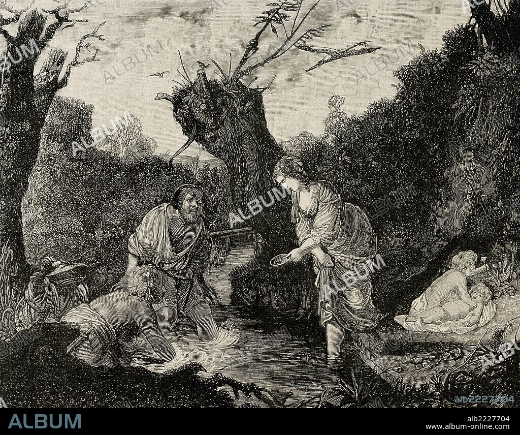 MITOLOGIA CLASICA. LATONA, joven que quedó embarazada de Zeus. Hera, su celosa mujer, le prohibió dar a luz en cualquier lugar donde brillase el sol. Poseidón construyó una bóveda en la isla de Delos. Allí Latona tubo dos hijos, Artemisa y su hermano Apolo. Grabado de "La Ilustración Ibérica", 1885.