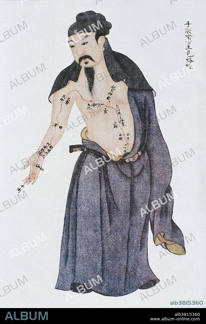 Illustration showing the pericardium (xinbao, lit. Heart Envelope) channel of arm jueyin from Renti jingmai tu (Illustrations of the Channels of the Human Body), a manuscript text executed during the Kangxi reign period of the Qing dynasty (1662-1722). Acupuncture is a form of alternative medicine in which thin needles are inserted into the body. It is a key component of traditional Chinese medicine (TCM). TCM theory and practice are not based upon scientific knowledge, and acupuncture is a pseudoscience. There are a diverse range of acupuncture theories based on different philosophies, and techniques vary depending on the country. Scientific investigation has not found any histological or physiological evidence for traditional Chinese concepts such as qi, meridians, and acupuncture points, and many modern practitioners no longer support the existence of life force energy (qi) flowing through meridians, which was a major part of early belief systems. Acupuncture is believed to have originated around 100 BC in China, around the time The Yellow Emperor's Classic of Internal Medicine (Huangdi Neijing) was published, though some experts suggest it could have been practiced earlier.