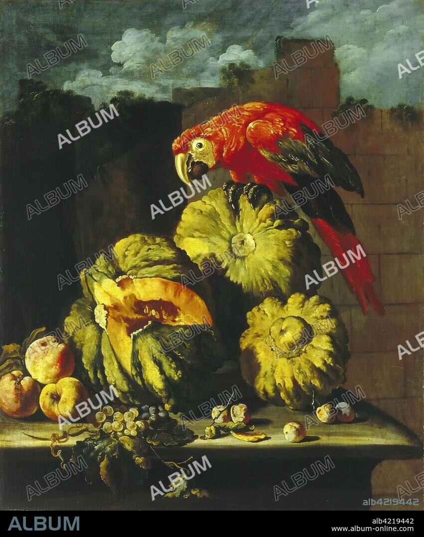 MICHELANGELO DEL CAMPIDOGLIO (MICHELE PACE) (? ). 'Parrot Perching on Melons'. Italy. Dimensions: 113,5x95 cm.