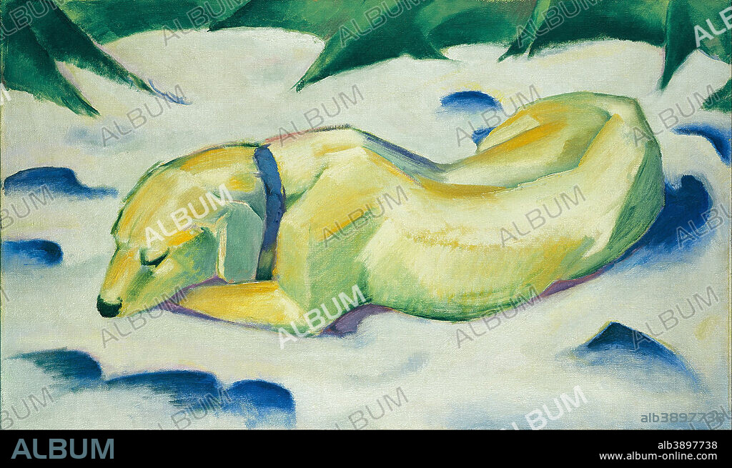 FRANZ MARC. Dog Lying in the Snow. Date/Period: 1911. Painting. Oil on canvas. Width: 105 cm. Height: 62.5 cm (Complete).