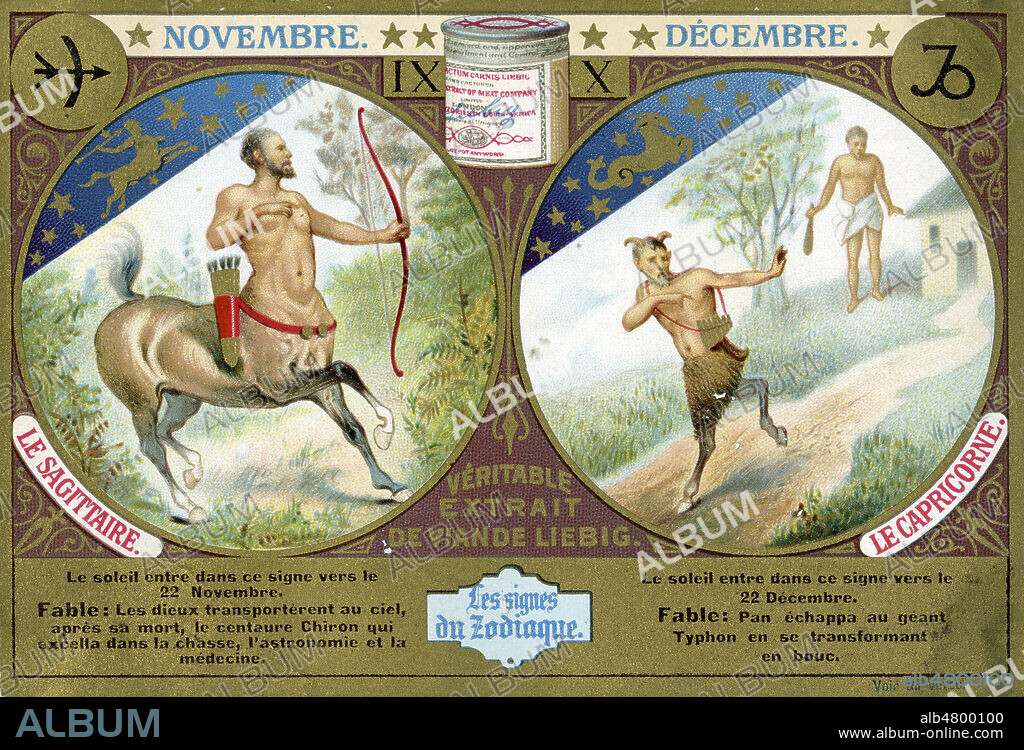 'Novembre : Sagittaire : le centaure Chiron. Decembre : Capricorne : Pan echappe au geant Typhon'. Chromo publicitaire Liebig de 1897, serie intitulee 'Les signes du zodiaque'. Credit : Collection IM/KHARBINE-TAPABOR.