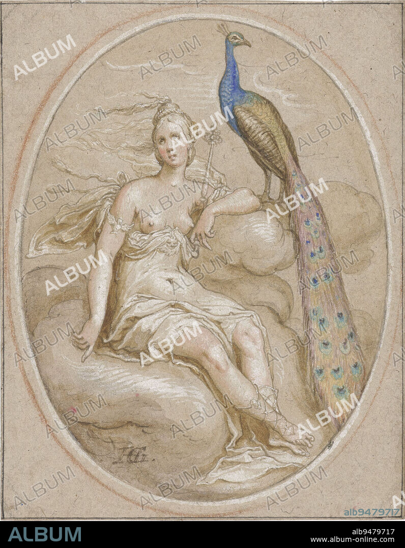 Juno, Hendrick Goltzius, 1595 - 1596, Juno is seated on a cloud and is identified by the scepter and by her attribute the peacock. She is considered the patron goddess of marital fidelity. The sophisticated drawing may have been intended as a wedding gift., draughtsman: Hendrick Goltzius, 1595 - 1596, paper, pen, brush, h 134 mm × w 105 mm.