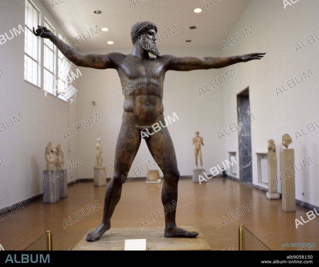 The Artemision Bronze; ancient Greek sculpture, recovered from the sea off Cape Artemision, Greece. It represents either Zeus or Poseidon, ca. 460 BC. The sculpture was first discovered in 1926, at the site of a shipwreck that occurred no earlier than the middle of the second century B.C.