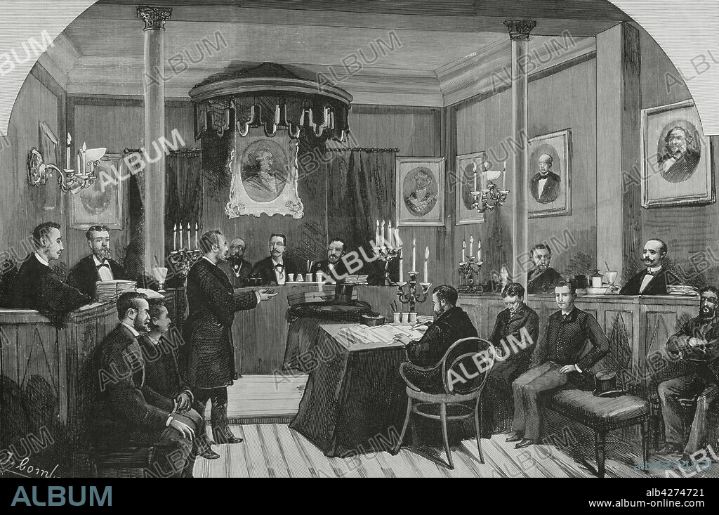 JUAN COMBA GARCÍA (1852-1924). SPANISH PAINTER AND ILLUSTRATOR. EUGENIO VELA (D. 1895). SPANISH ENGRAVER.. España. Madrid. El nuevo enjuiciamiento criminal. Ensayo del juicio oral y público en la Real Academia de Jurisprudencia, en los días 15 y 16 del mes corriente. Dibujo por Juan Comba. Grabado por Vela. La Ilustración Española y Americana, 30 de diciembre de 1882.