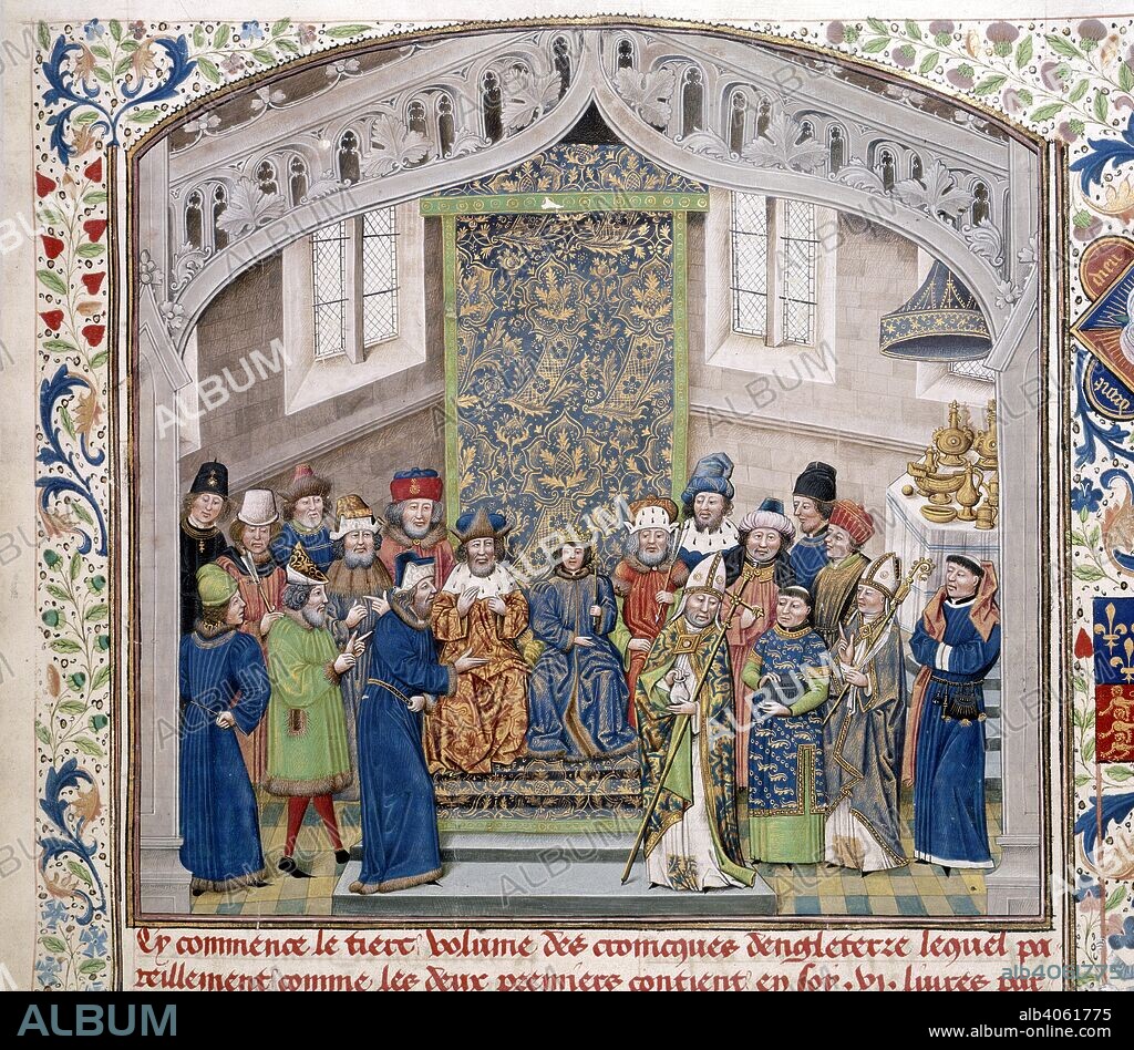 JEAN OF WAVRIN. Richard II holding a court after his coronation. Anciennes et nouvelles chroniques d'Angleterre (also known as Recueil des croniques dâ€™Engleterre). S. Netherlands (Bruges), late 15th century. Source: Royal 14 E. IV, f.10. Language: French.