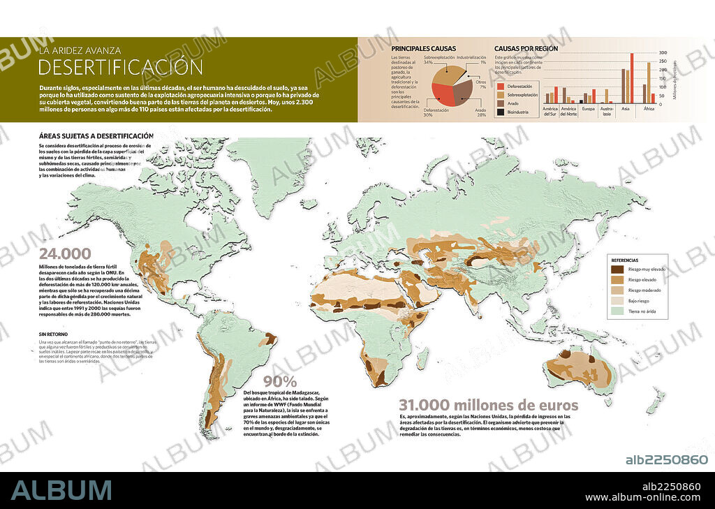Desertificación. Infografía de la deforestación a nivel mundial, de sus principales causas y consecuencias.