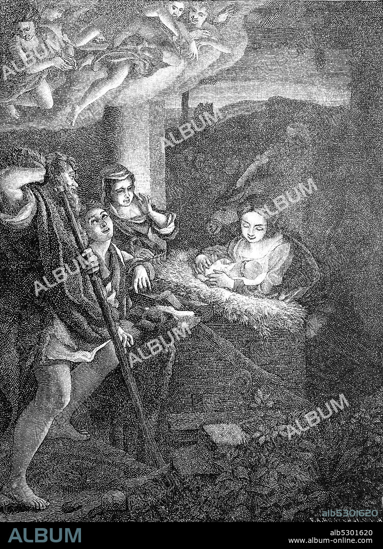 the holy night by Correggio  /  Die heilige Nacht, von Correggio, 16. Jahrhundert, Historisch, digital improved reproduction of an original from the 19th century / digitale Reproduktion einer Originalvorlage aus dem 19. Jahrhundert,.