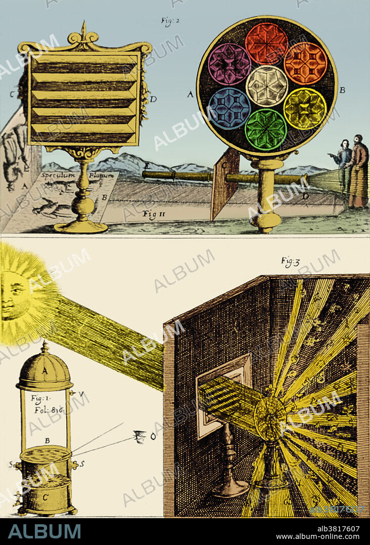 Two views illustrating the properties of light as it passes through lenses. Illustration from Oculus Artificialis Teledioptricus Sive Telescopium (1685) by Johann Zahn (March 29, 1641 - June 27, 1707). The work contains descriptions, diagrams, illustrations and sketches of both the camera obscura and magic lantern, along with various other lanterns, slides, projection types, peepshow boxes, microscopes, telescopes, reflectors, and lenses. The first camera that was small and portable enough to be practical for photography was envisioned by Zahn, a German monk, in 1685, but it would be almost 150 years before technology caught up.