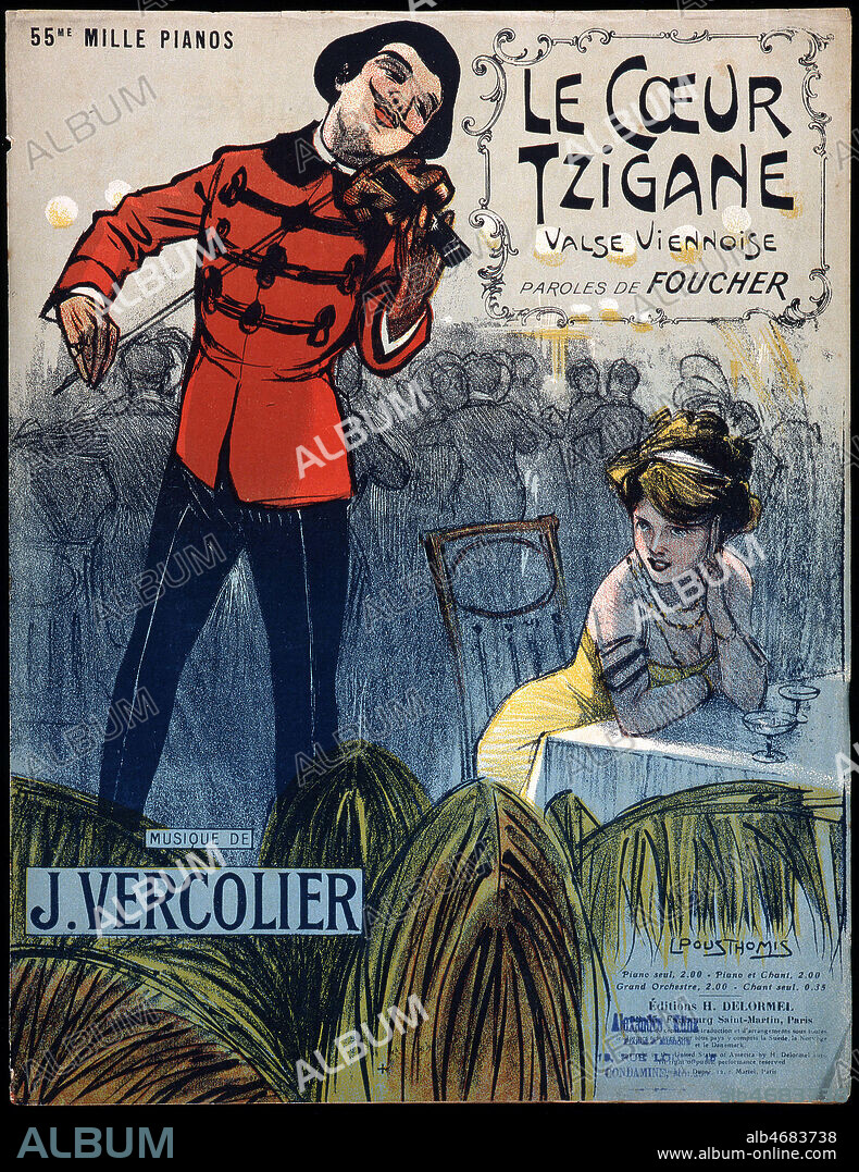 Le coeur tzigane. Valse viennoise. Parole de FOUCHER, Musique de J. VERCOLIER. Illustration de Leon POUSTHOMIS (1881-1916) pour une couverture de partition de 1910. Credit : Collection KHARBINE-TAPABOR.